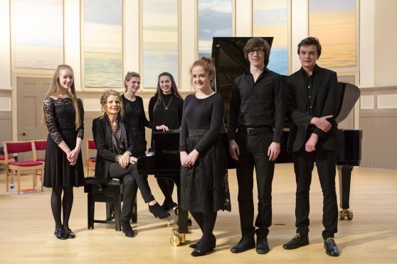 Joanna MacGregor with young pianists at St Mary's Music School