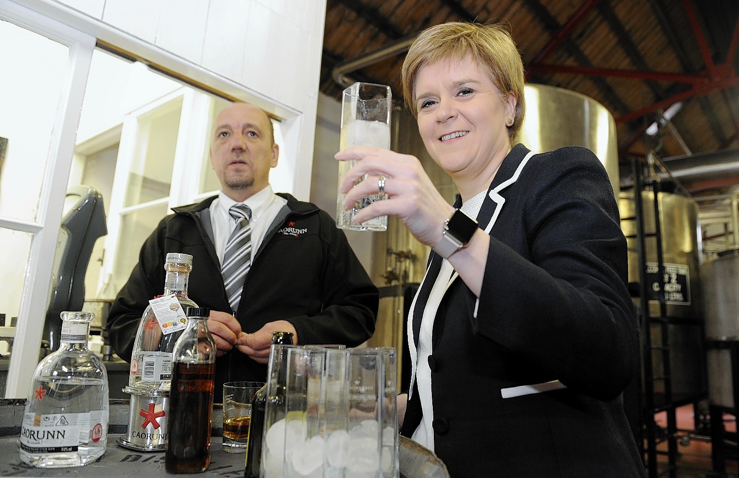 Nicola Sturgeon during her tour of the Balmenach Distillery and Caorunn gin distillery at Cromdale on Speyside yesterday