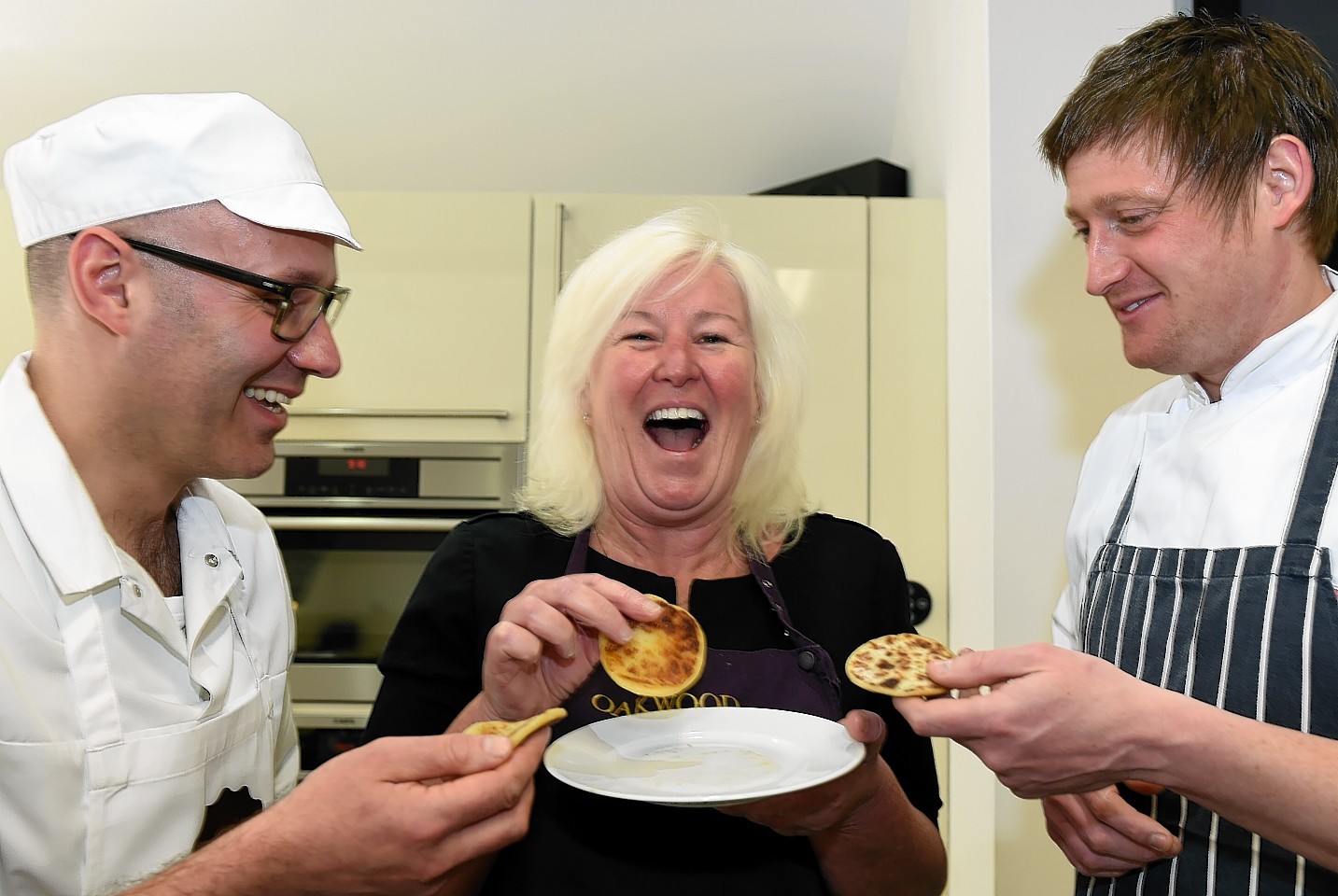Professional chef, David Gow, Riverside Kitchens, Elaine Sutherland, and Masterchef semi-finalist, Darren Sivewright, launching the Tattie Scone World Championships