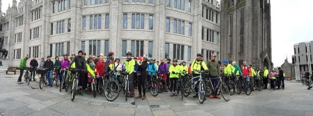 Pedal on Parliament saw scores of cyclists gather outside Marischal College.