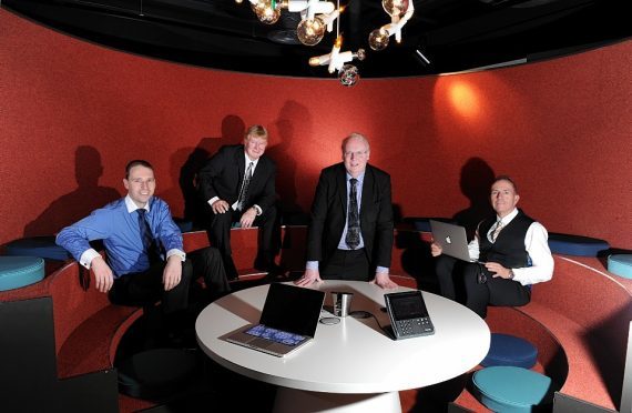 James Bream, Research and Policy Director Aberdeen & Grampian Chamber of Commerce, Andy Willox, Vice Chair of the UK National Policy Committee FSB, Ian Armstrong, SCDI Regional Director and Professor Gary McEwan, Chief Executive Elevator, at Elevator at The Hub, Aberdeen Energy Park.  
Picture by Kevin Emslie