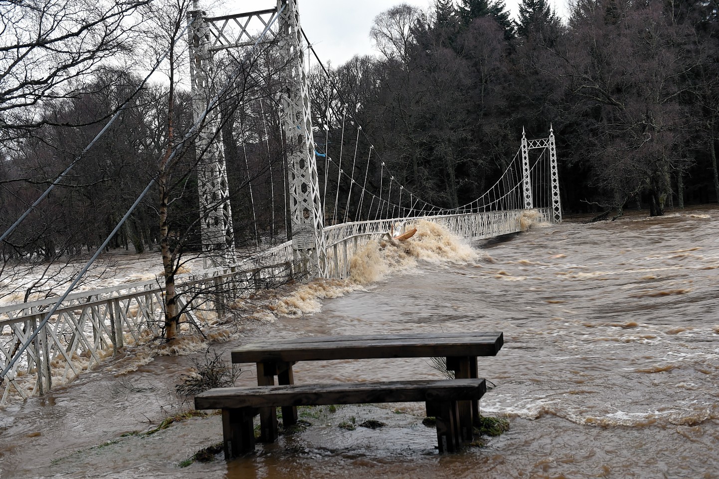 Ballater flooding - the Cambus o May bridge is badly damaged in the Storm Frank flood. 2015.