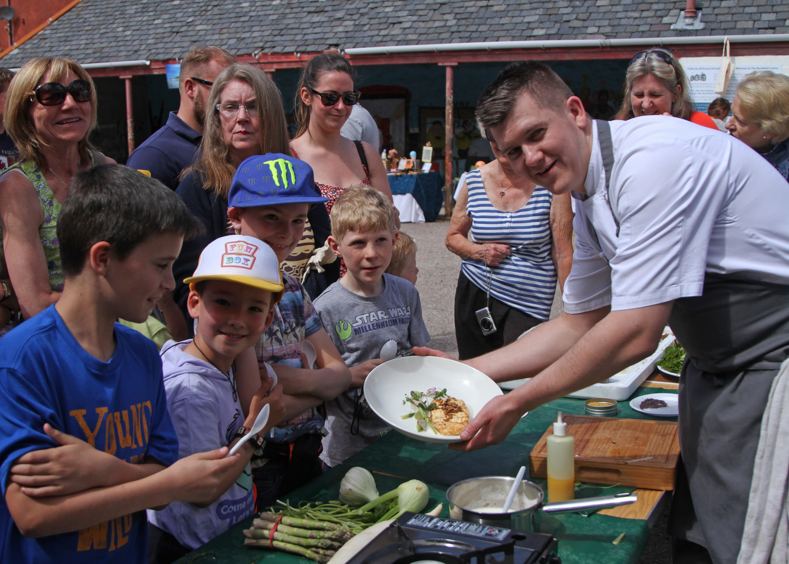 These kids were delighted to try the top notch dishes made by Graham Campbell Michelin Star chef originally from oban now working in Dundee. Back on home soil to do a cooking display with seafood part of the festival of the sea organised by sams dunbeg nr oban picture kevin mcglynn