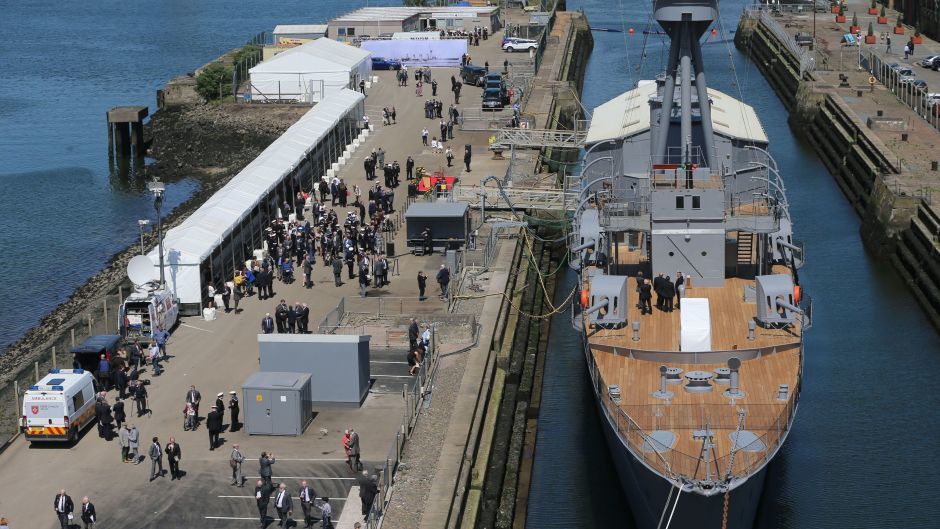 An aerial view of the Lottery funded restored HMS Caroline where a ceremony was held to commemorate the Battle of Jutland centenary at Alexander Dock in Belfast.