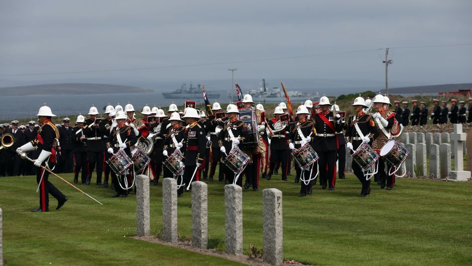 The Royal Marines Band Service take part in a service at Lyness Cemetery on the island of Hoy, Orkney, to mark the centenary of the Battle of Jutland.