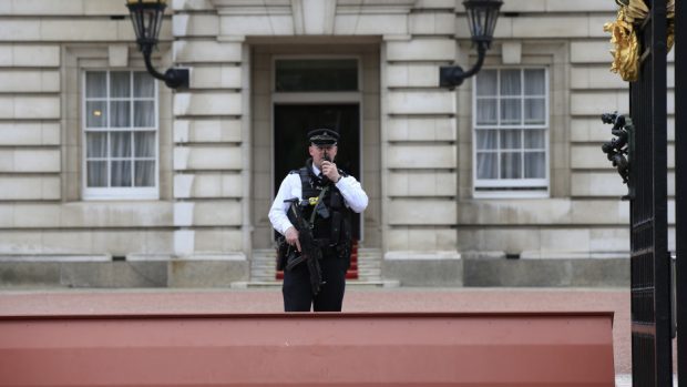 An armed police officer stands at an entrance to Buckingham Palace (file pic)