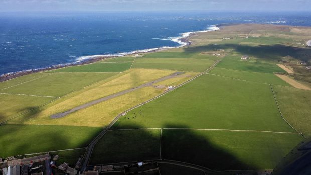 Aerial view of Papa Westray island in the Orkney islands