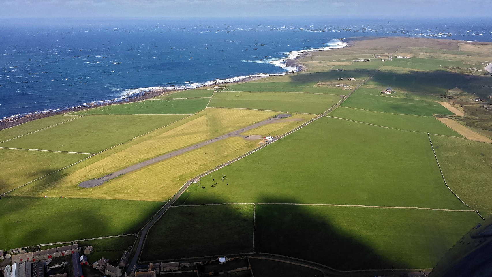 Aerial view of Papa Westray island in the Orkney islands