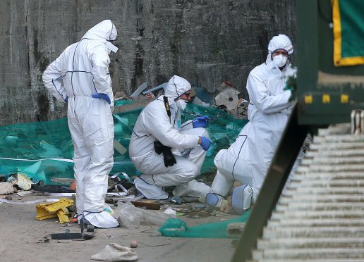 Forensic officers at the recycling facility in Bray, County Wicklow where the discovery was made