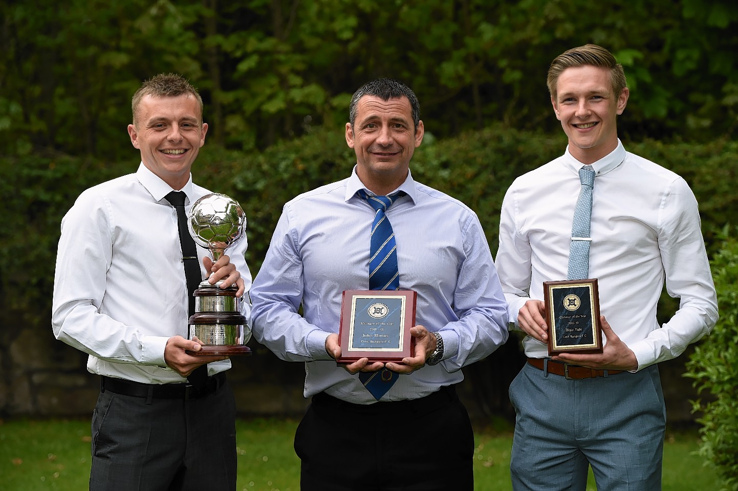 Player of the Year Daryl Nicol, Manager of the Year John Sheran (collected by Graeme Mathieson) and Cove player of the Year Blair Yule. Picture by Kenny Elrick 