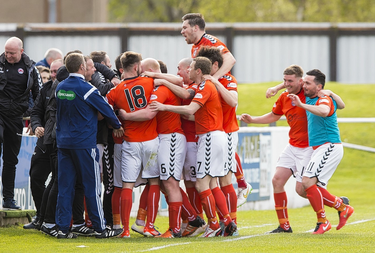 Clyde players mob Jordan Kirkpatrick after he gives his side the lead