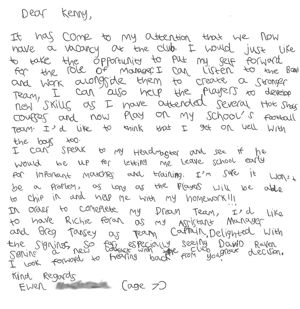 Ewen's manager application letter in full
