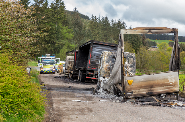 The two lorries were all but destroyed in the blaze which broke out on Monday morning