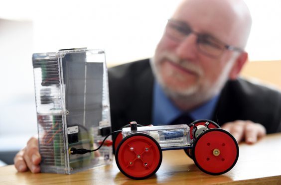 A solar powered buggy being demonstrated at the Falconer Museum, Forres, by Chris Taylor, visitor advisor.