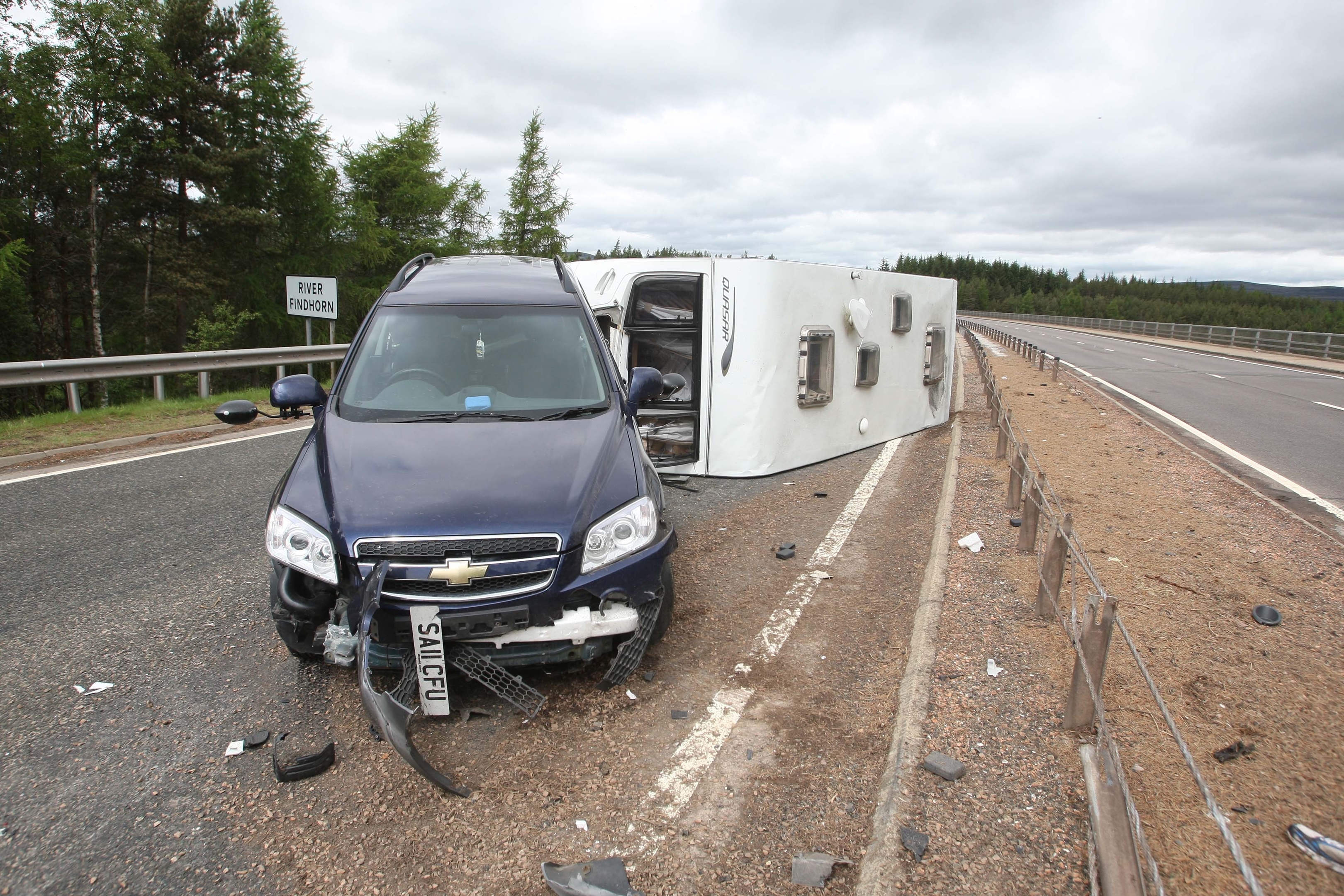 Scene of the crash involving a car and caravan on the A9