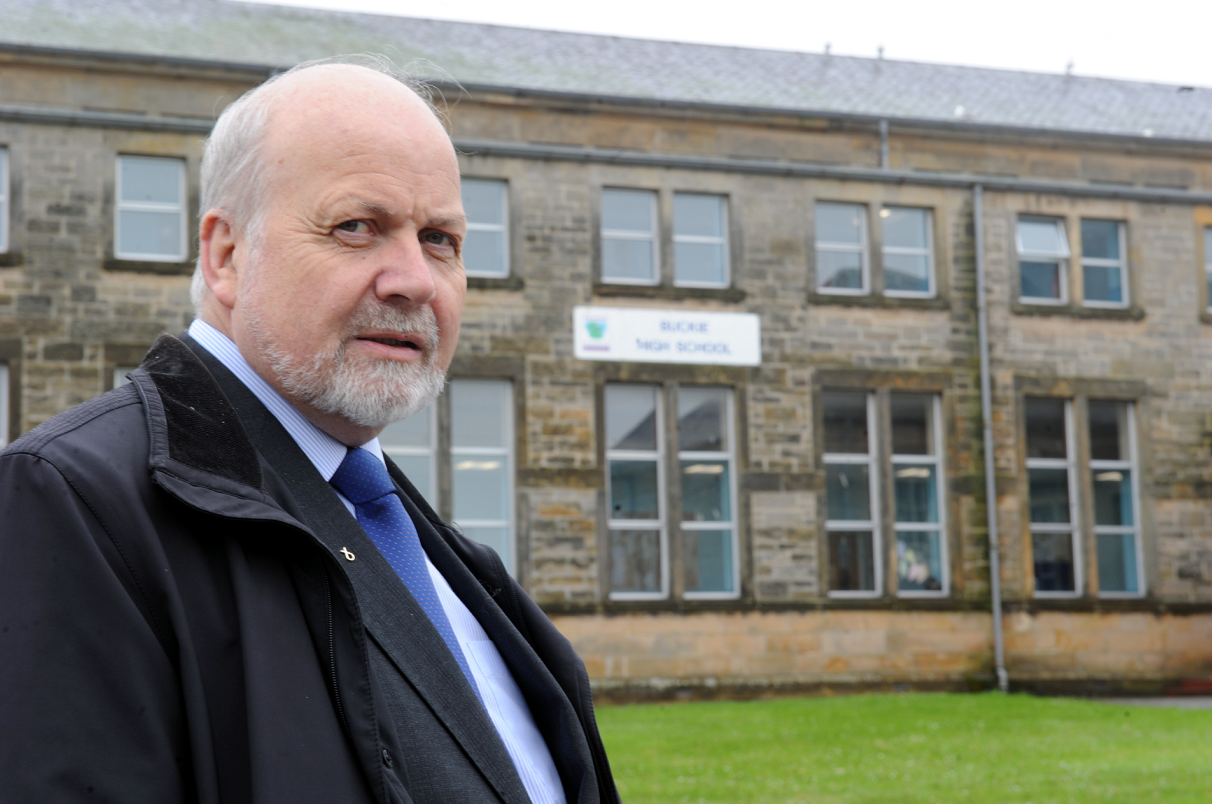 Buckie councillor, Gordon McDonald, at Buckie High School, which is deemed to be not fit for purpose.