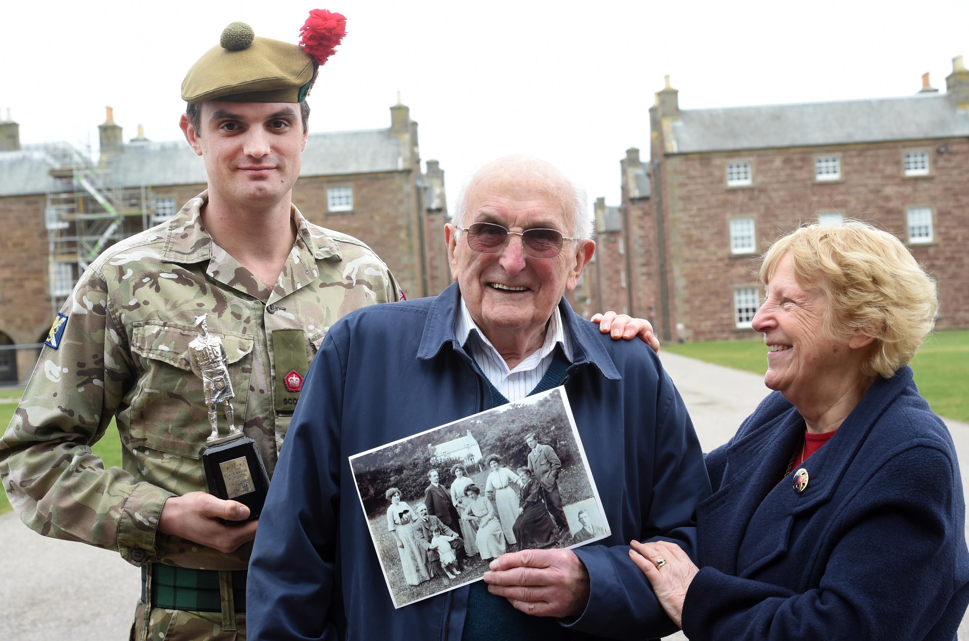 Major Martin Stanning, OC C Company with Dr Ian Morrison and family member Shiela Thomson,