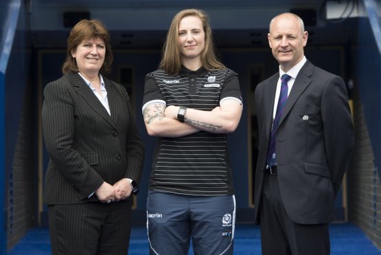 Scottish internationalist Jade Konkel and rugby chiefs Sheila Begbie and Stephen Gemmel