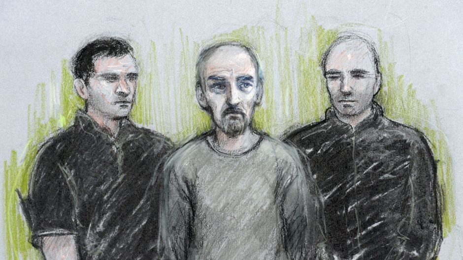 Court artist sketch by Elizabeth Cook of Thomas Mair, centre, at Westminster Magistrates' Court in London
