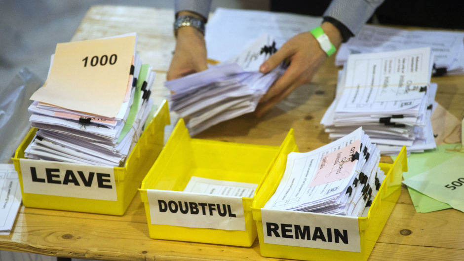 Votes are sorted into Remain, Leave and Doubtful trays as ballots are counted during the EU Referendum count for Westminster and the City of London