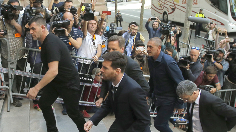 Lionel Messi arrives at court in Barcelona (AP)
