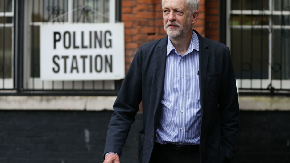 Labour Party leader Jeremy Corbyn arrives to cast his vote at a polling station in Islington, London