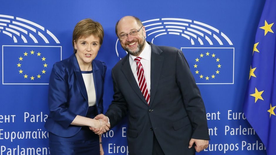 Martin Schulz (right) meeting Nicola Sturgeon in Brussels (PA/European Parliament)