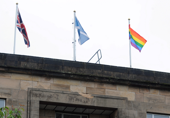 The rainbow pride flag flying over Moray Council's offices in Elgin.