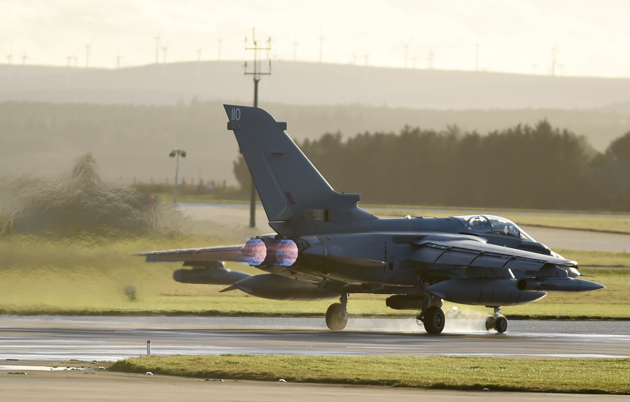 A Tornado GR4 on its take-off run at RAF Lossiemouth.