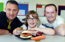 Charlotte Jenkins with her burger and butcher Gavin Brymer (left) and honey producer Ranald McBay (right)