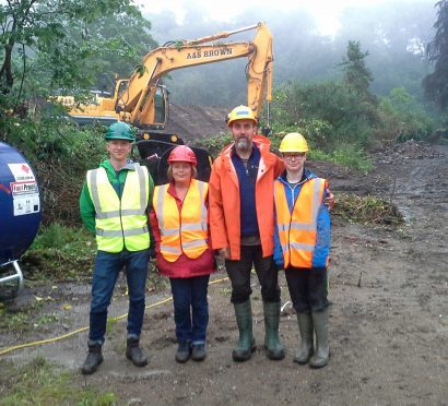 Sinclair Laing, Founding Director at ACE; Jane Fullerton, Chair at Donside Community Association; Mick Bestwick, Director at Highland Eco-Design and Project Manager at Donside Hydro and his son