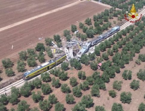 The crash site where two trains collided on a single-track stretch between Ruvo di Puglia and Corato