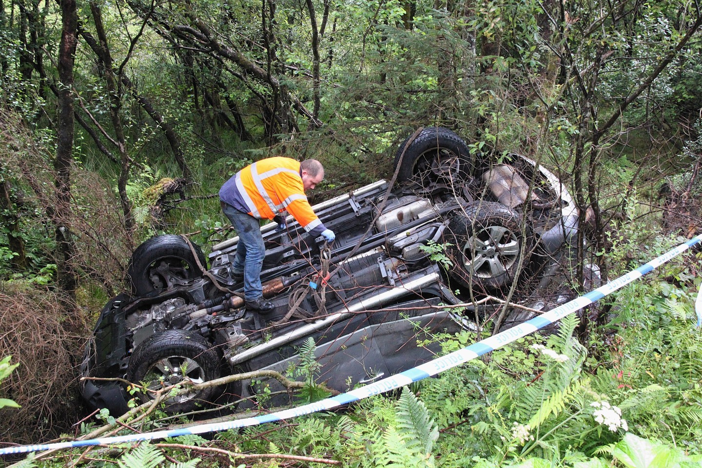 Mags Stewart's upturned car after her crash on the A82