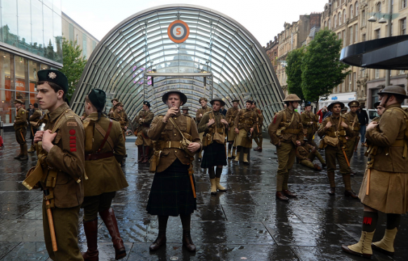 People dressed as soldiers as part of a mysterious tribute to mark the centenary of the Battle of the Somme that has popped up in Glasgow
