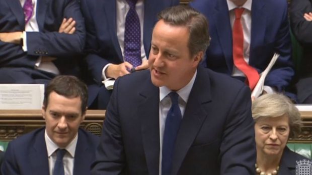 David Cameron during his final Prime Minister's Questions, flanked by George Osborne and Theresa May