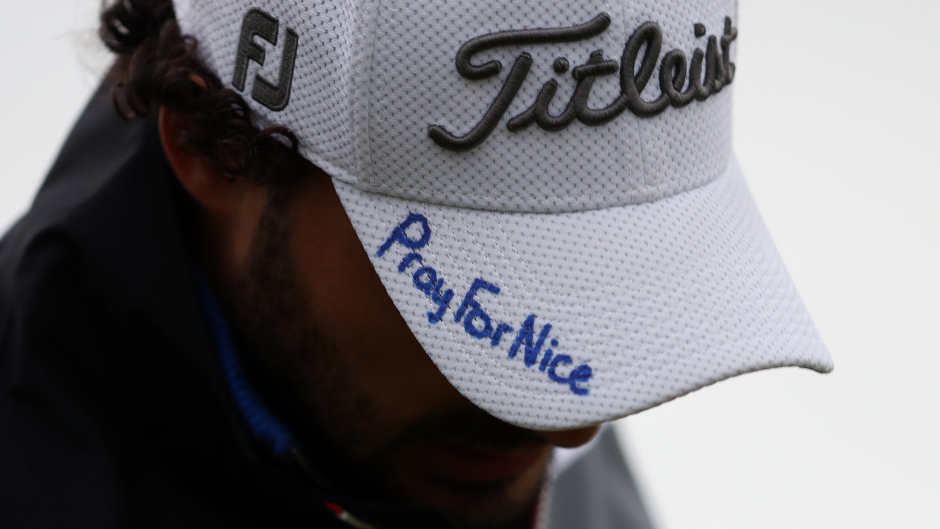 France's Clement Sordet with 'Pray for Nice' written on his hat during day two of The Open Championship