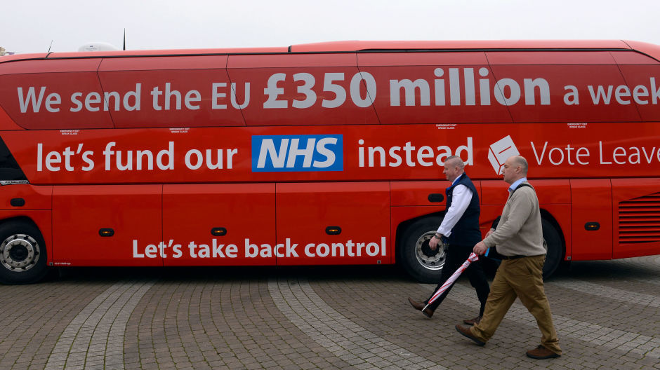 The Vote Leave campaign bus, which pledged to fund the NHS with 350 million pounds a week saved from the EU