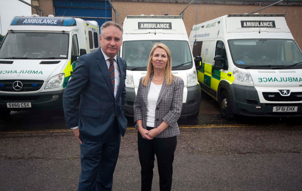 Richard Lochhead MSP meets with the Chief Executive of the Scottish Ambulance Service, Pauline Howie at Scottish Ambulance Service Depot,  Elgin, and talks about concerns about response times in Moray.