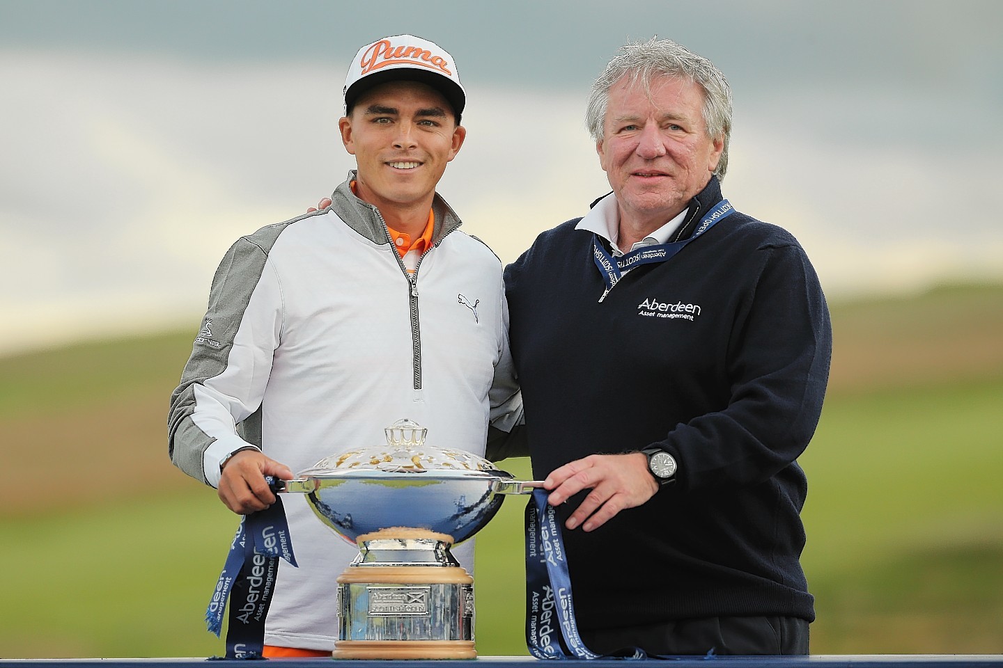 Rickie Fowler celebrates winning the Scottish Open at Gullane in 2015.