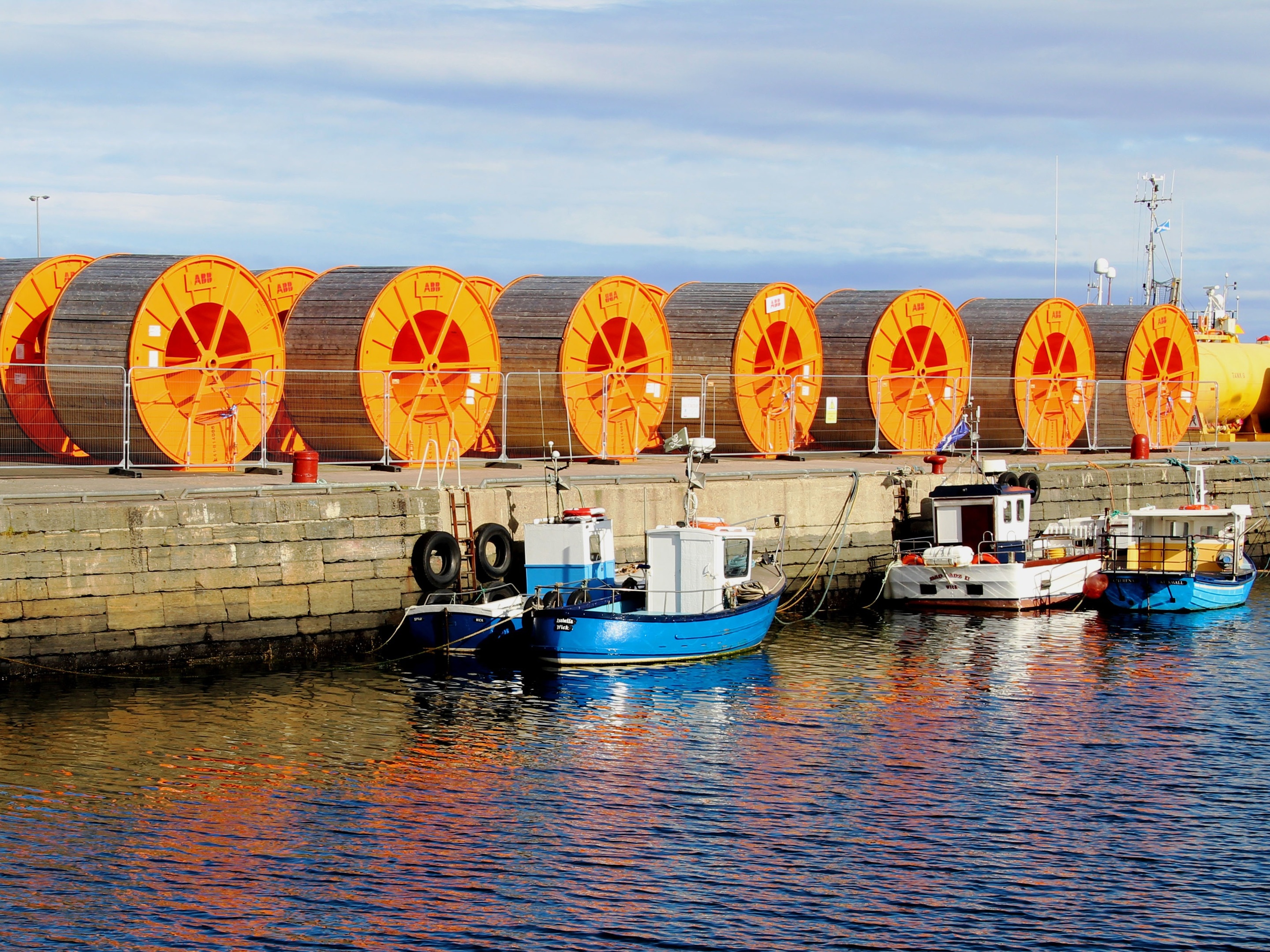 Cable drums for the transmission project at Wick harbour.