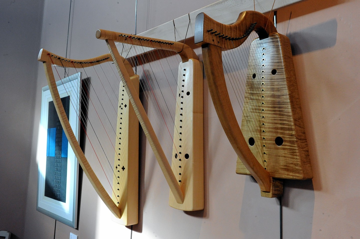 Ardival harps exhibition at Moray Arts Centre, Findhorn.