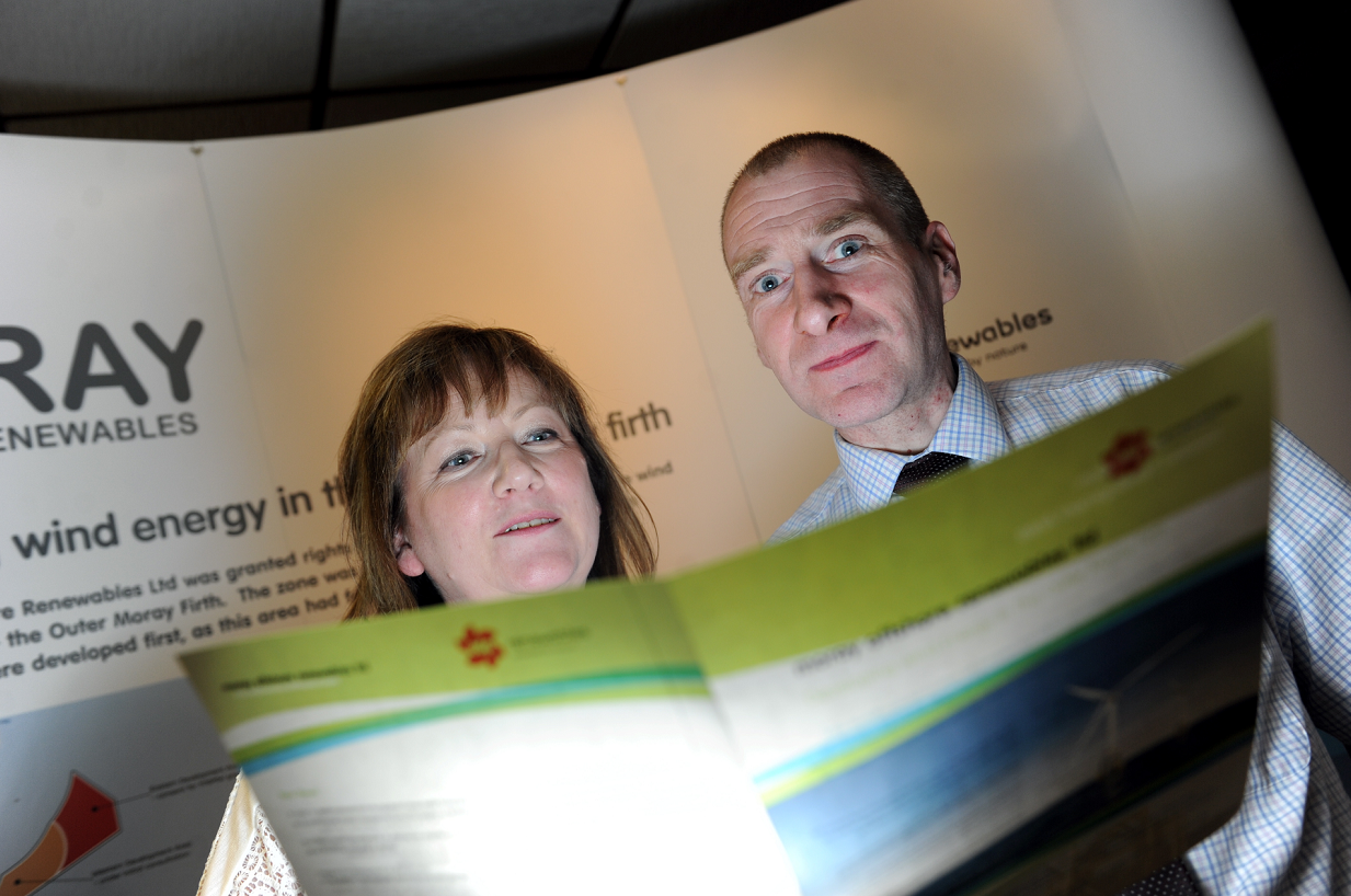 Buckie councillor Sonya Warren and Craig Milroy from Moray Offshore Renewables at the public consultation in the town's Marine Hotel.
