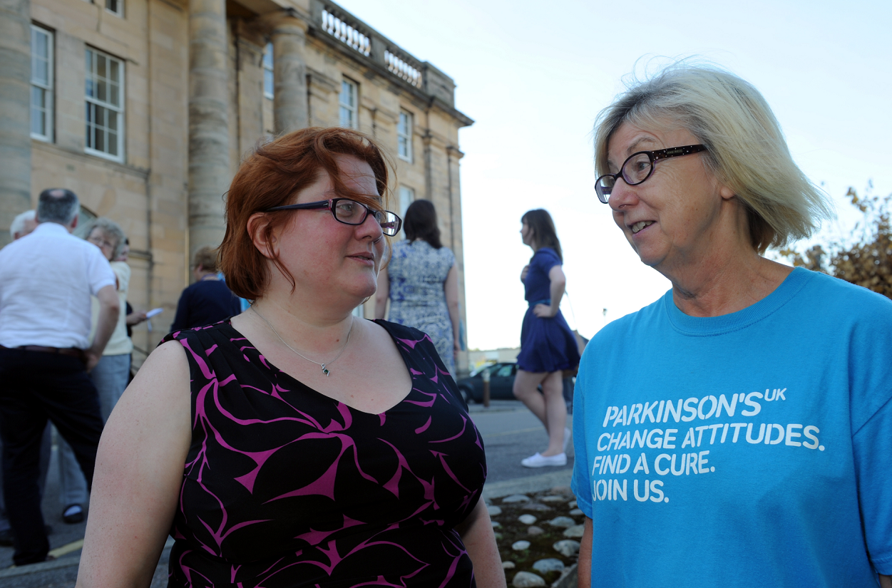 Parkinson's crisis at Dr Gray's Hospital, Elgin. Tanith Muller from charity Parkinson's UK, left, and local campaigner Gillian Gibson, right. Picture by Gordon Lennox.