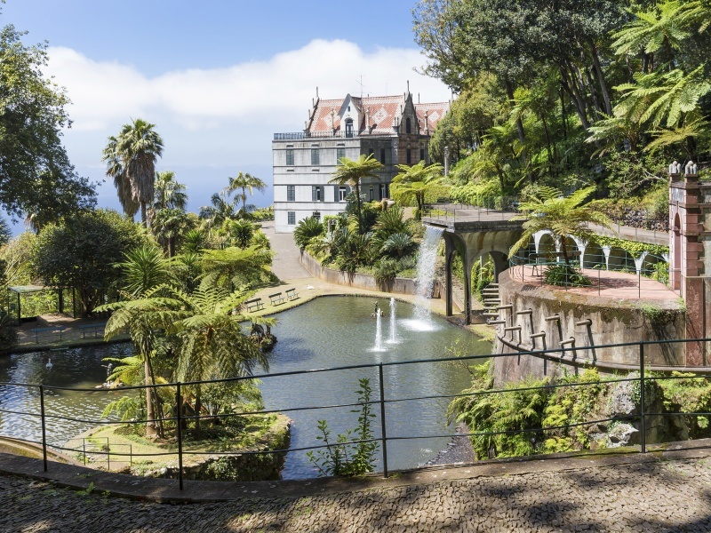 Tropical garden with pond and palace at Madeira