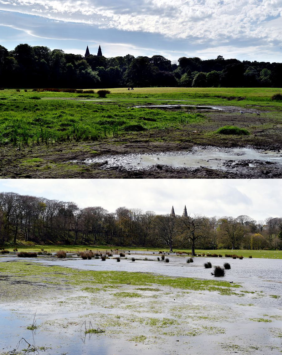 After and before: top picture shows the wetlands today. Bottom shows it in April before the project commenced
