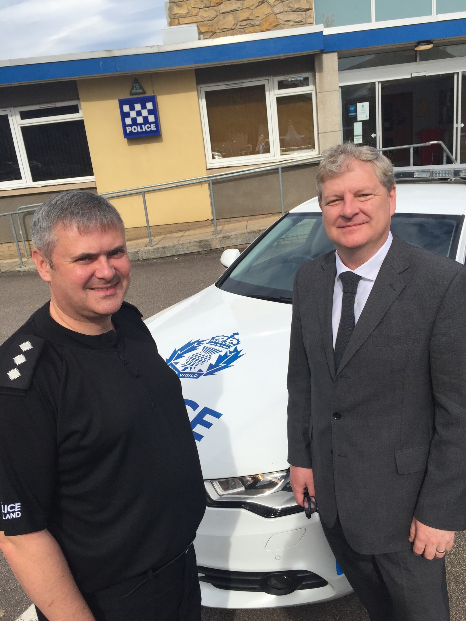 Chief Inspector Stewart Mackie and Angus Robertson outside Elgin Police Station.