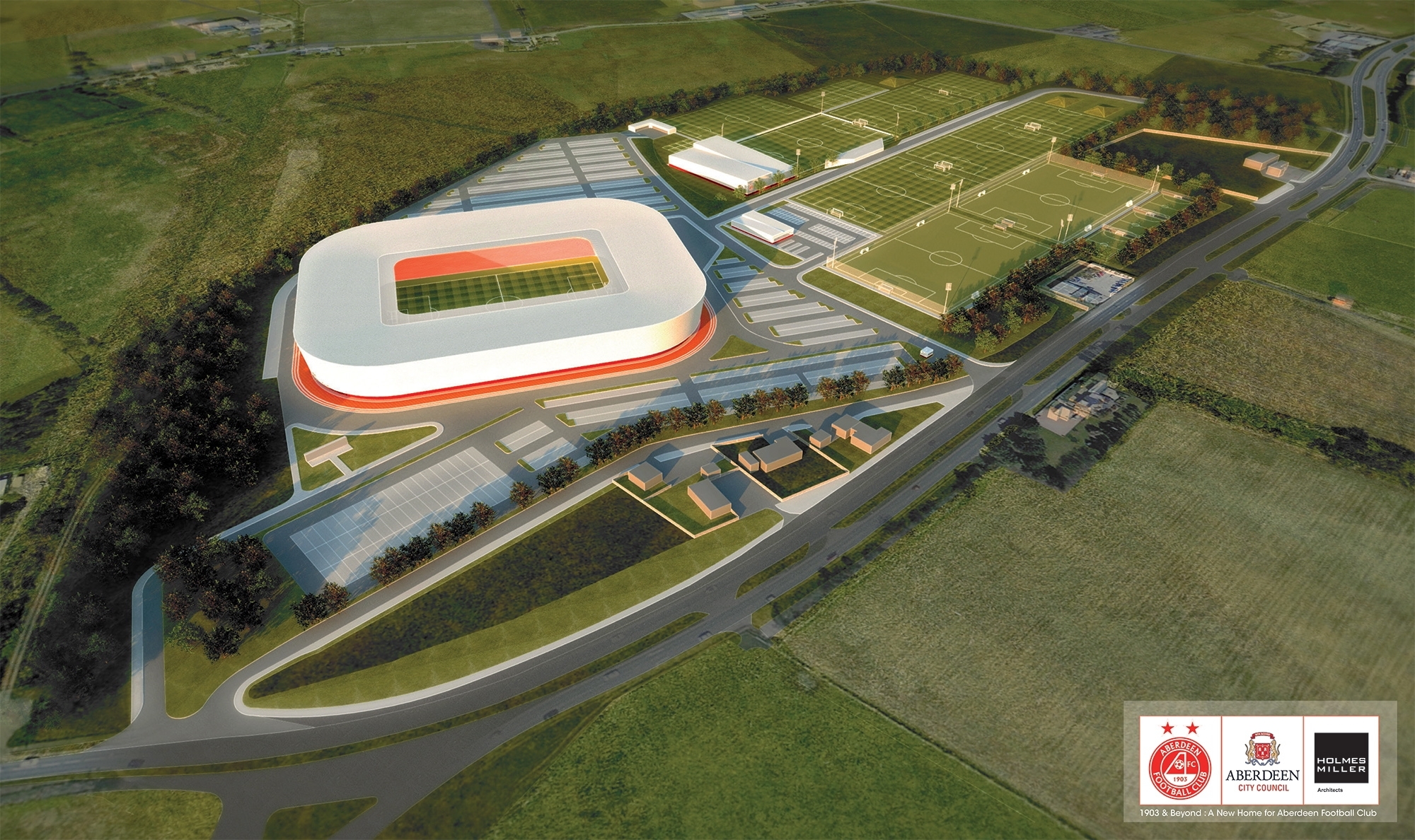 3d Perspective of the new Dons stadium planned between Kingswells and Westhill.