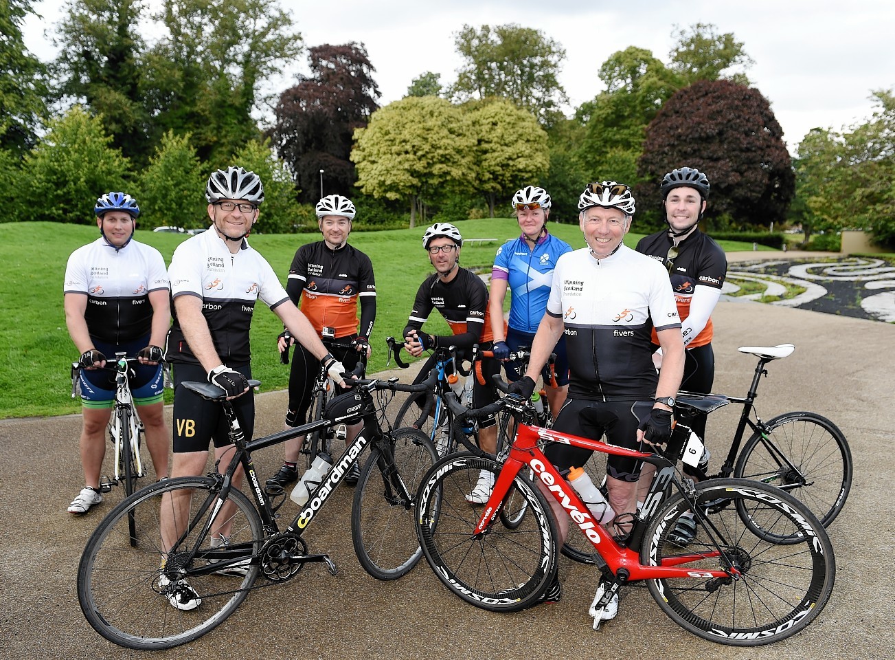 Winning Scotland charity cycle ride round the north of Scotland.    (L-R) Max Chassels, Nigel Chapman, Mark Christie, Richard Wadsworth, Fiona Duncan, Ian Ord and Iain Harper after completing their route.
