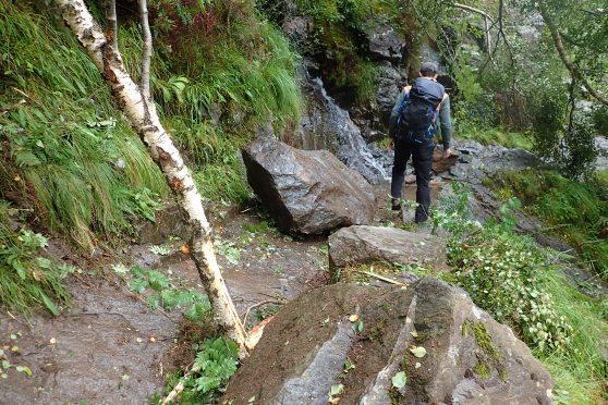 Large rocks blocking the Steall Gorge footpath after the landslide