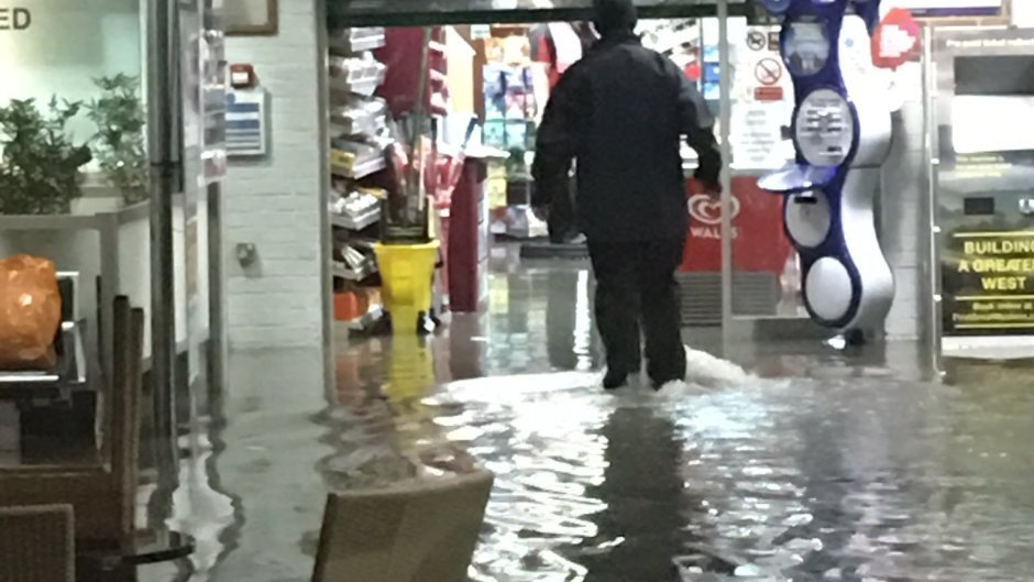 Picture taken with permission from the Twitter feed of Michael D O'Shea showing flooding at Didcot Parkway Station after flash flooding hit part of the South East with thunderstorms dumping almost half a month's rain in a few hours.
